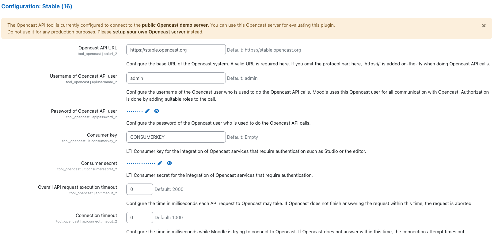 Tool Opencast Settings Configurations