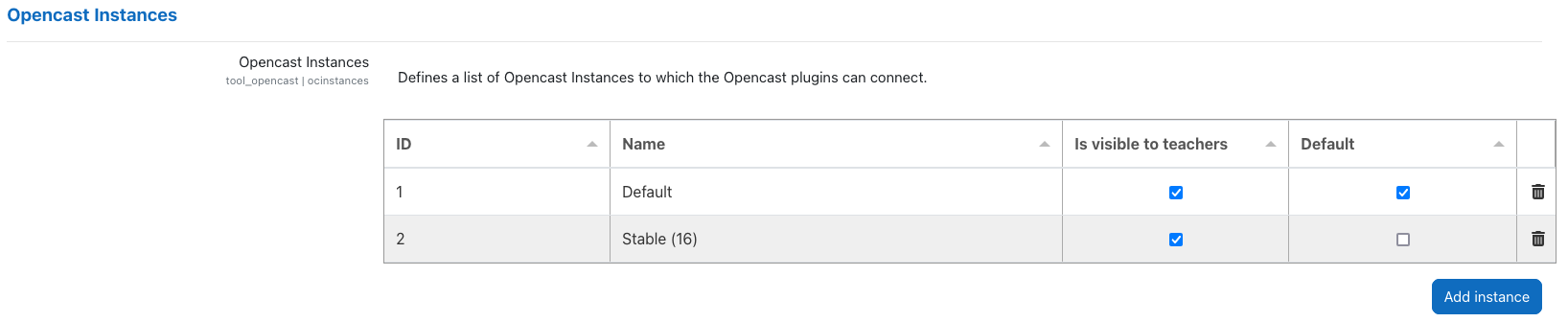 Tool Opencast Settings Instances