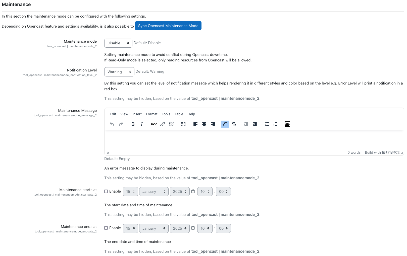 Tool Opencast Settings Maintenance